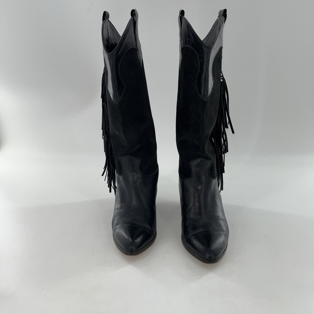 Rare Vintage Lenni Italian Leather Suede Calf Boots Fringe Heel‎ 7.5 Cowgirl - Picture 3 of 16